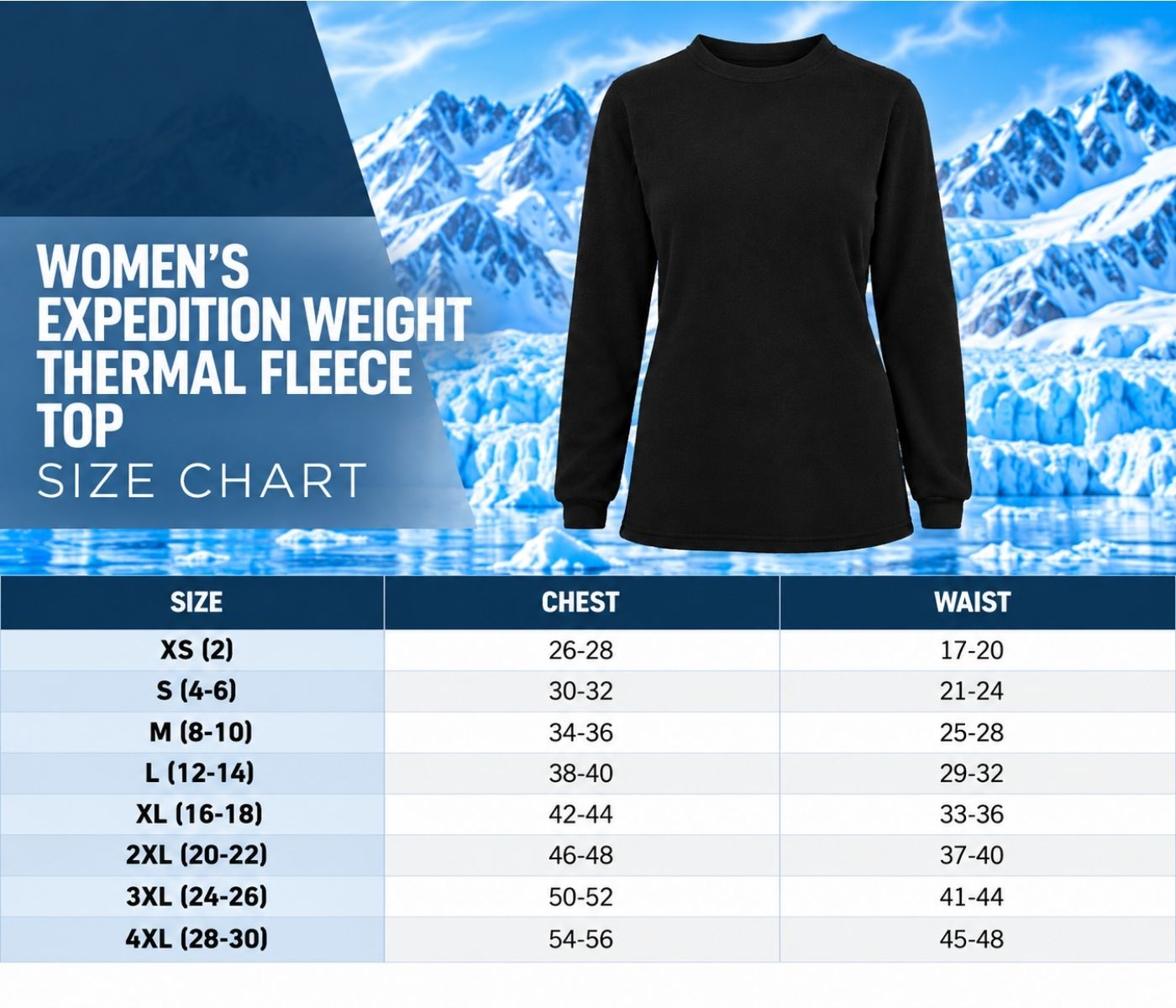 Expedition Weight Comfort Fleece Top Size Chart
